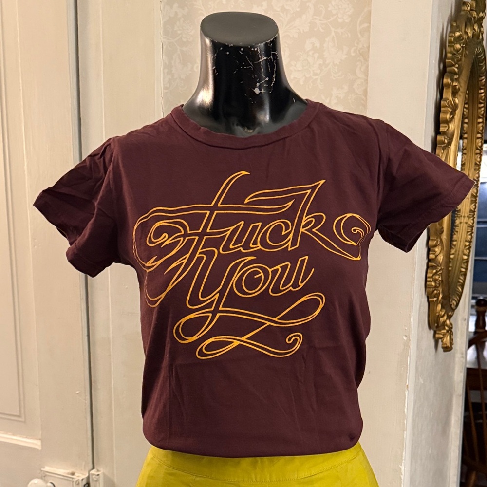 F You Fitted Maroon Short Sleeve Tee T-shirt Yellow Cursive Letters
